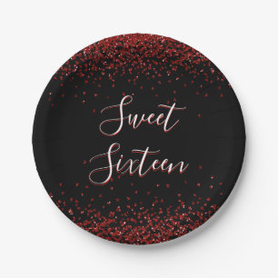 Red Heart Glitter Sparkle Sweet Sixteen Birthday Paper Plate