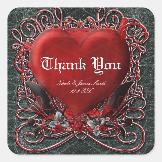 Red Heart Gothic Valentine Wedding Party Favour Square Sticker (Front)