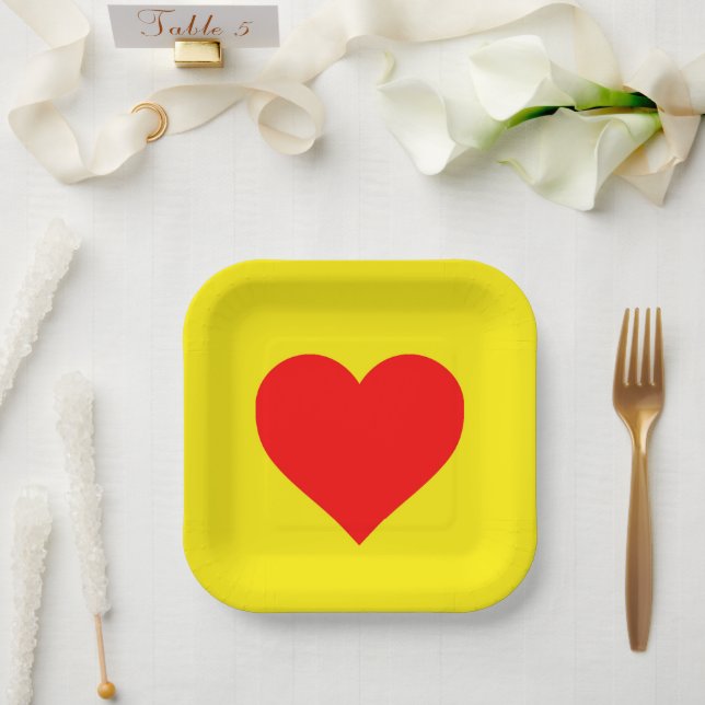 Red Heart Heat Yellow Paper Plate (Wedding)