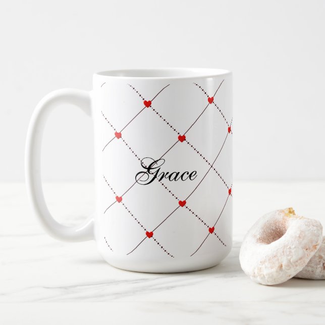 Red Heart Lattice Pattern Name & message Design Coffee Mug (With Donut)