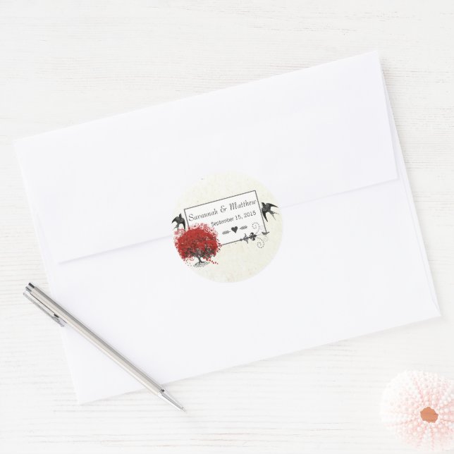 Red Heart Leaf Tree Classic Round Sticker (Envelope)