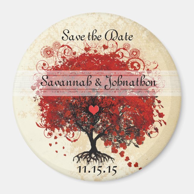 Red Heart Leaf Tree Damask Save the Date Magnets (Front)
