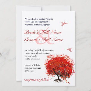 Red Heart Leaf Tree Hummingbird Wedding Invitation