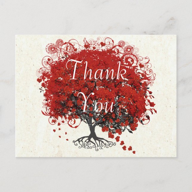 Red Heart Leaf Tree Thank You Postcard (Front)