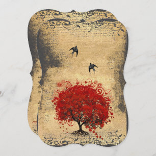 Red Heart Leaf Tree Vintage Birds Wedding Invitation