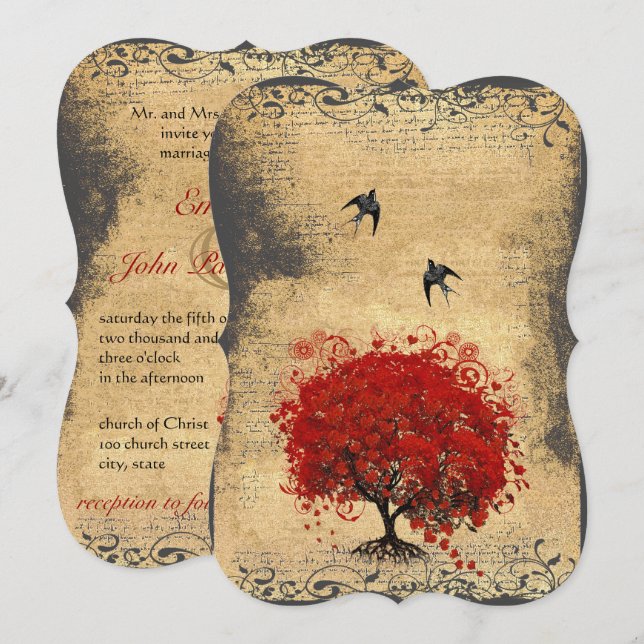 Red Heart Leaf Tree Vintage Birds Wedding Invitation (Front/Back)