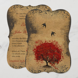 Red Heart Leaf Tree Vintage Birds Wedding Invitation