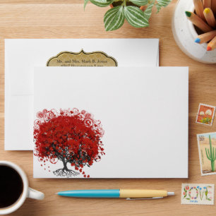 Red Heart Leaf Tree Wedding Envelopes
