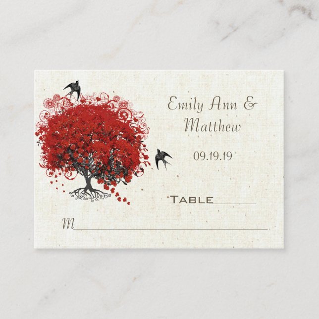 Red Heart Leaf Tree Wedding Place Card (Front)