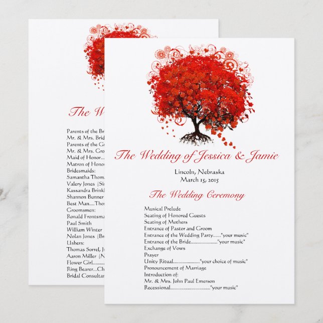 Red Heart Leaf Tree Wedding Program Programme (Front/Back)