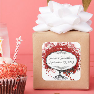Red Heart Leaf Tree Wedding Square Sticker
