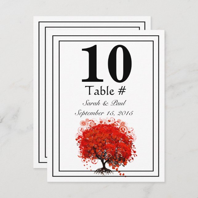Red Heart Leaf Tree Wedding Table Number (Front/Back)