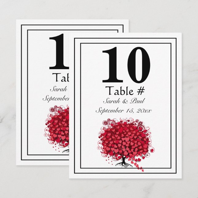 Red Heart Leaf Tree Wedding Table Number (Front/Back)