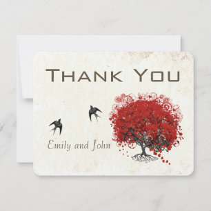 Red Heart Leaf Tree Wedding Thank You Card