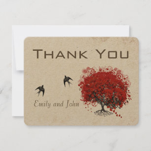 Red Heart Leaf Tree Wedding Thank You Card