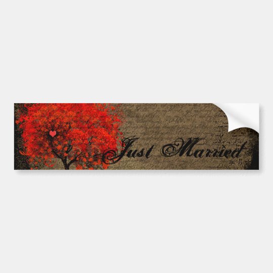 Red Heart Leafed Tree Just Married Bumper Sticker