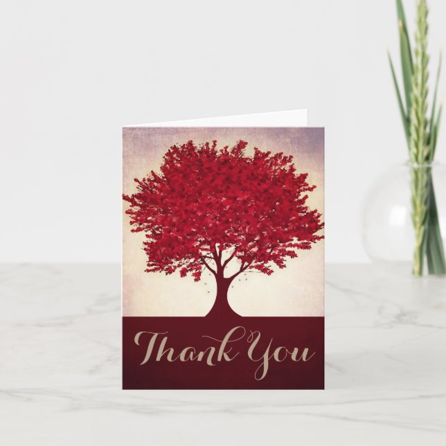Red heart leaves tree Thank You cards (Front)