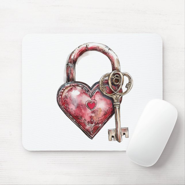 Red Heart Lock & Key Mouse Mat (With Mouse)