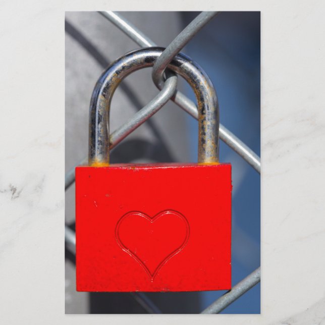 Red heart lock on fence stationery (Front)