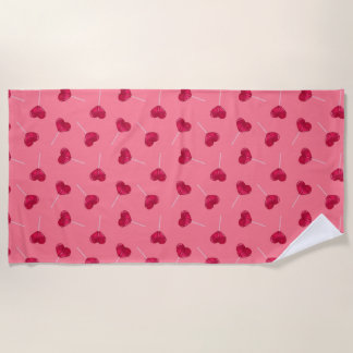 Red Heart lollipops and pattern on warm red Beach Towel