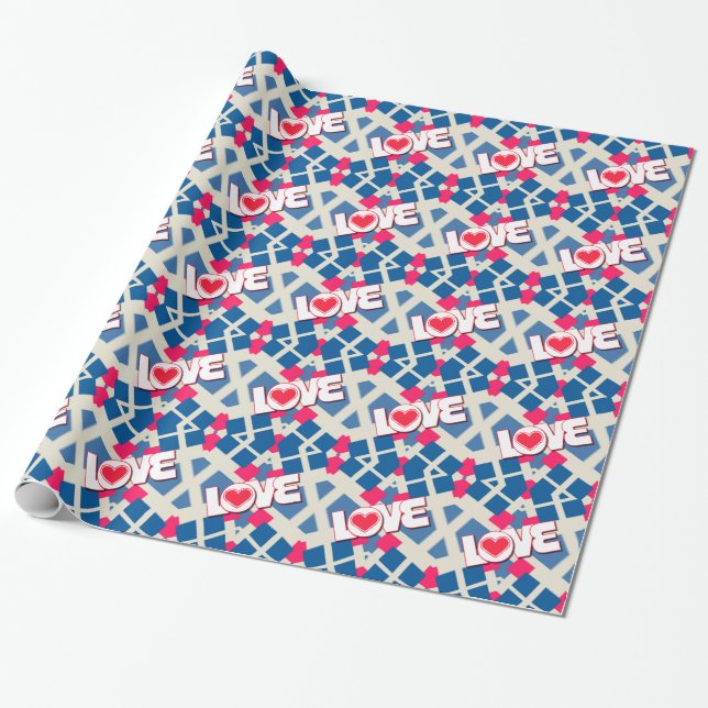 Red Heart Love geometric pattern wrapping paper (Unrolled)