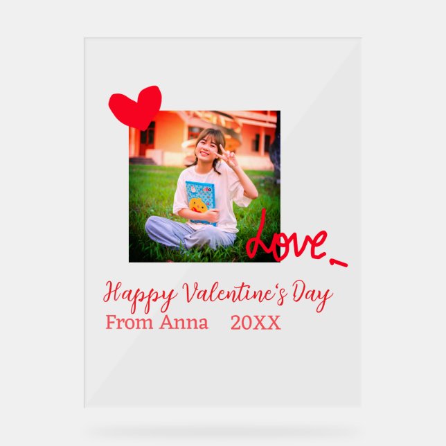 Red heart love happy valentine's day add photo nam acrylic sign (Front)