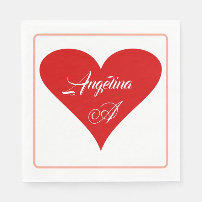 Red Heart Love Valentine's Day Name & Monogram Napkin (Front)