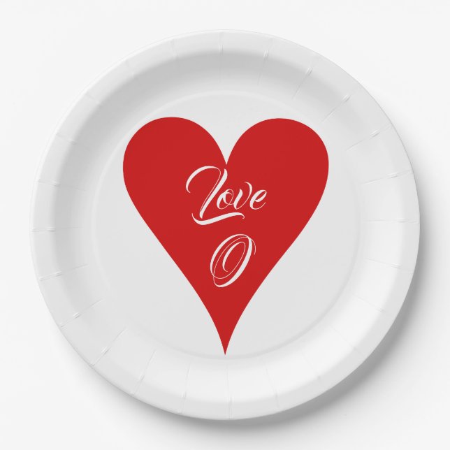 Red Heart Love Valentine's Day Name & Monogram Paper Plate (Front)