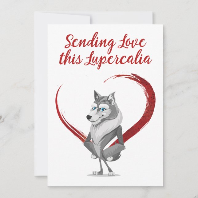 Red Heart Lupercalia Wolf Valentine's Holiday Card (Front)