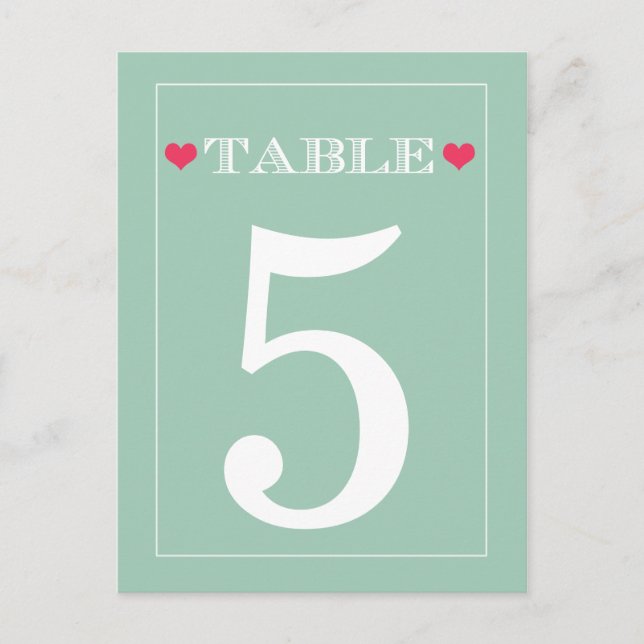 Red Heart Mint Green Wedding Table Number Cards (Front)