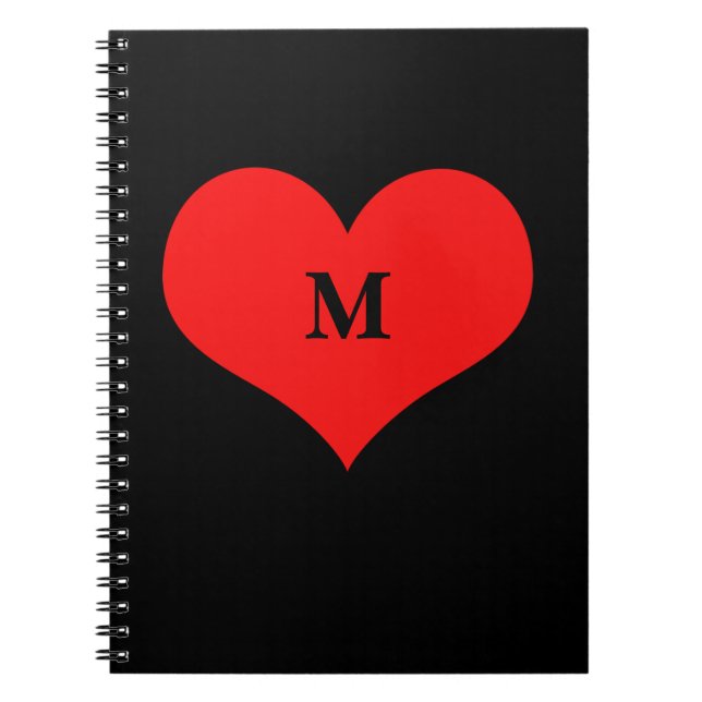 Red Heart Monogrammed Initial Name Black Cute Notebook (Front)