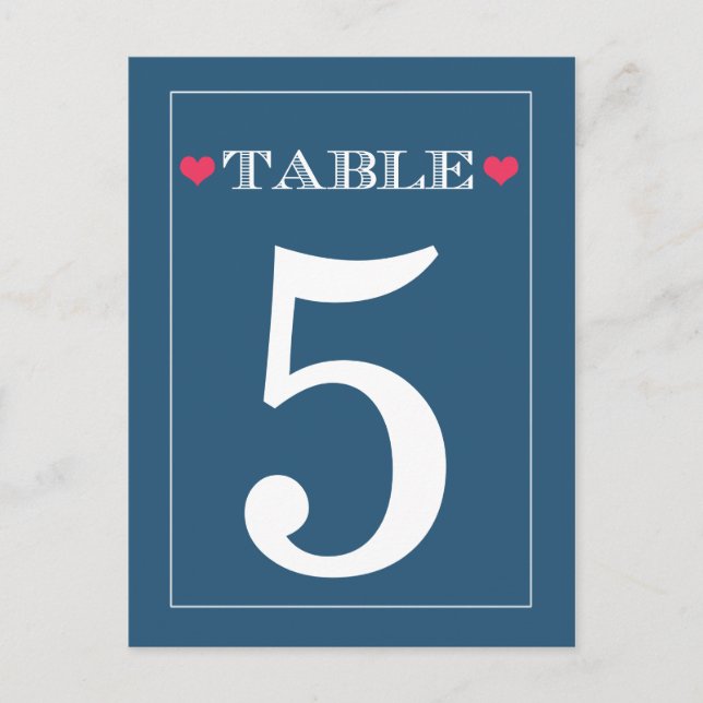 Red Heart Navy Wedding Table Number Cards (Front)