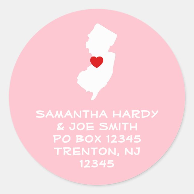Red Heart New Jersey Address Classic Round Sticker (Front)