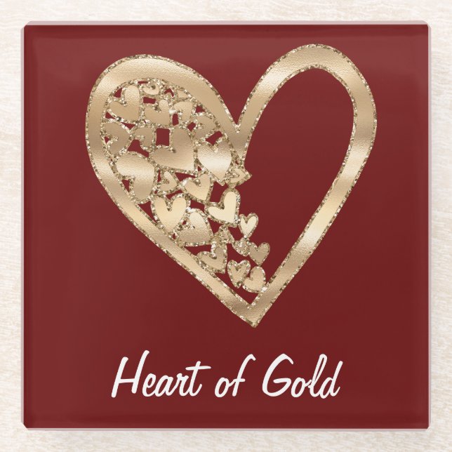 Red Heart of Gold Glass Coaster (Front)