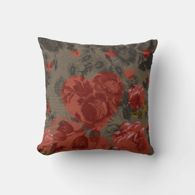 Red heart on beautiful vintage floral  cushion (Front)