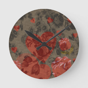Red heart on beautiful vintage floral  round clock