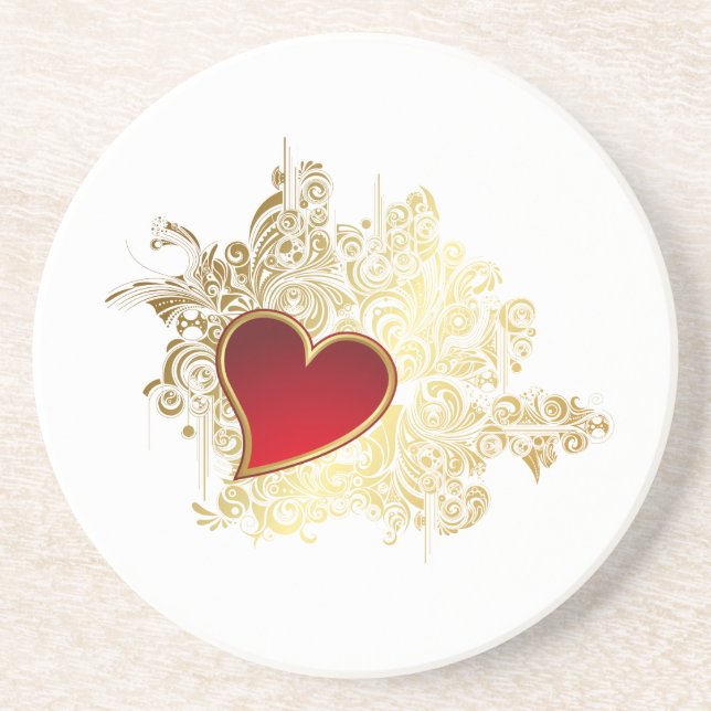 Red Heart on Gold Filigree Coaster (Front)