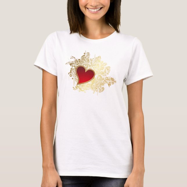 Red Heart on Gold Filigree T-Shirt (Front)