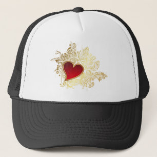 Red Heart on Gold Filigree Trucker Hat