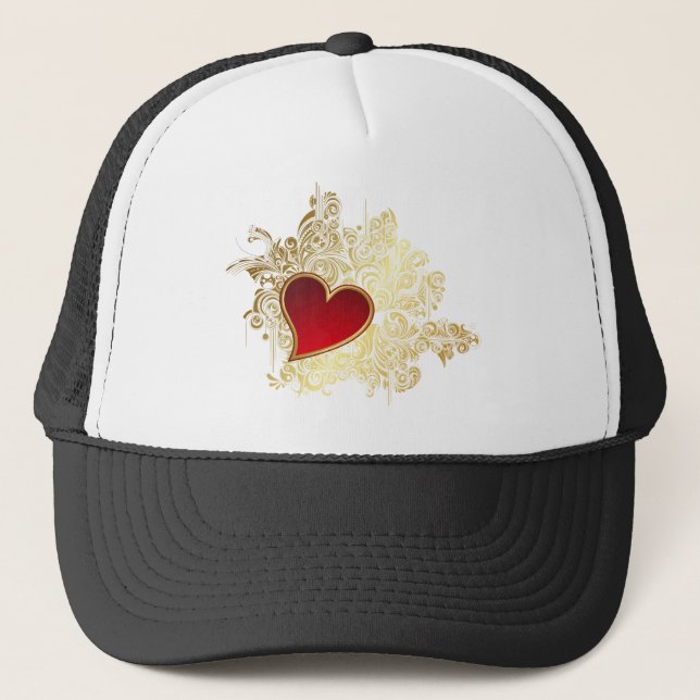 Red Heart on Gold Filigree Trucker Hat (Front)