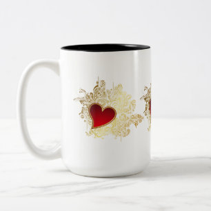 Red Heart on Gold Filigree Two-Tone Coffee Mug