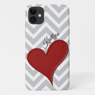 Red Heart on Grey Chevron Stripe iPhone 11 Case