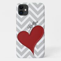 Red Heart on Grey Chevron Stripe Phone Case