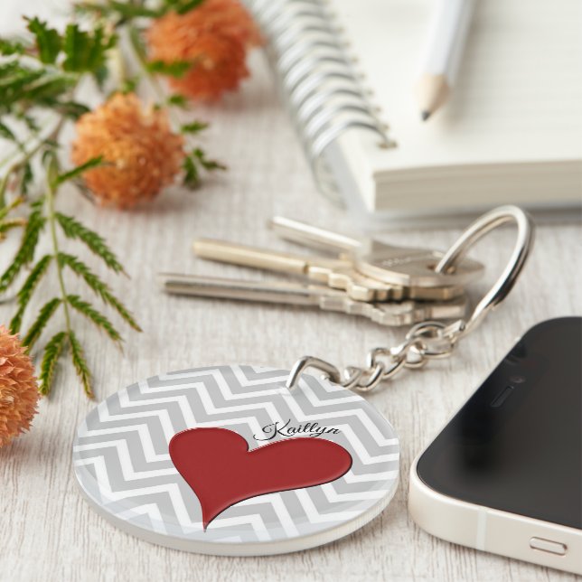 Red Heart on Grey Chevron Stripe with Name Key Ring (Front Right)