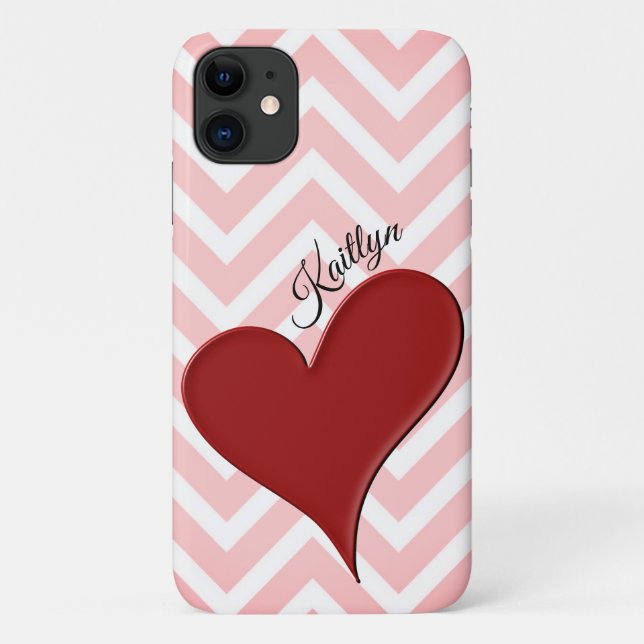 Red Heart on Pink Chevron Stripe Phone Case (Back)