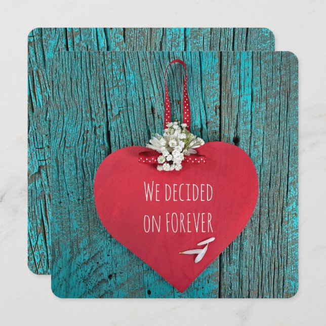 red heart on turquoise wood wedding invitation (Front/Back)