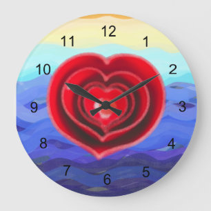 Red Heart on Waves Valentine Large Clock