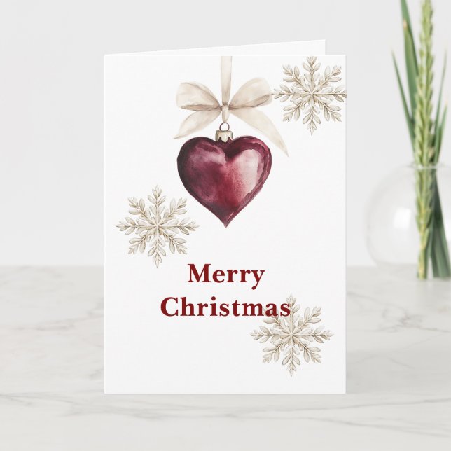 Red Heart Ornament Cream Bow Snowflakes Christmas Card (Front)