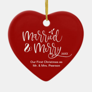 Red Heart Our First Christmas Married Merry Photo Ceramic Tree Decoration