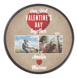 Red Heart Our First Valentine's Together 2 Photo Hockey Puck